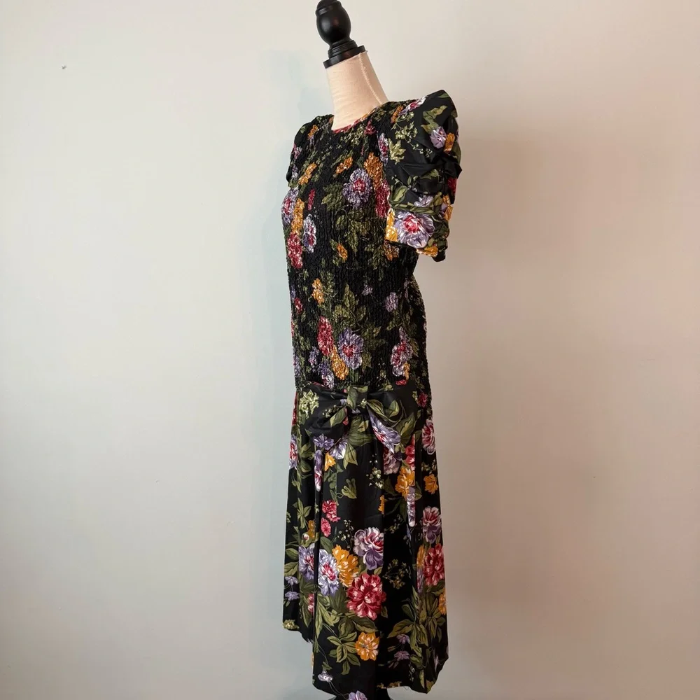 🌸🌼Phoebe Petite Black Floral Smocked Dress Drop Waist Bow Puff Sleeve Romantic - Picture 7 of 14